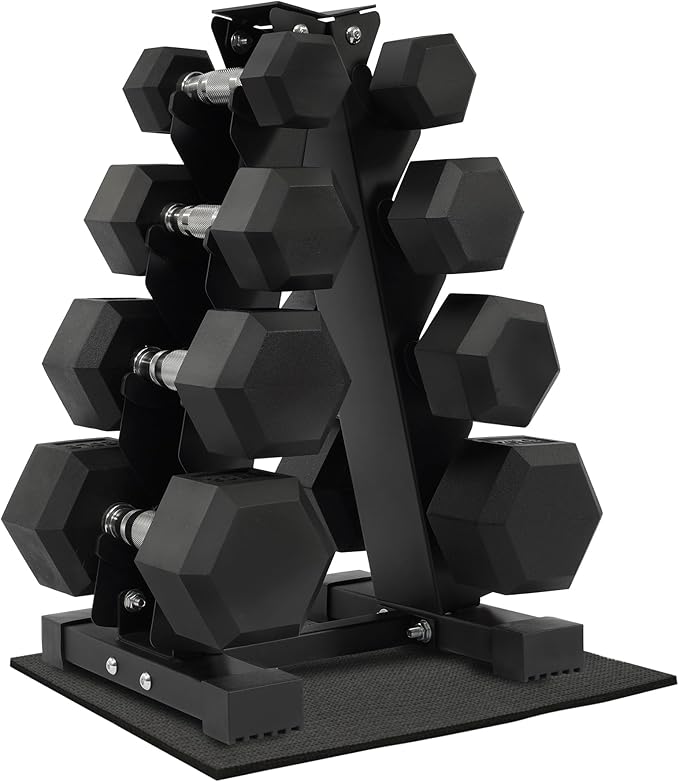 Rubber Coated Hex Dumbbell Weight Sets and Storage Rack, 100LBS Set or 150LBS Set, 5-20 lbs Pairs or 5-25 lbs Pairs