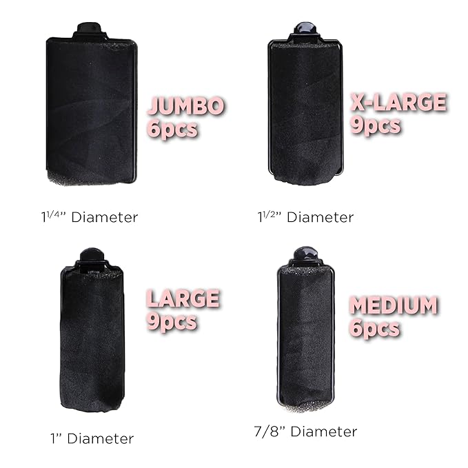 DONNA Silky Sastin Foam 1.5"(D) JUMBO 6PCS Hair Rollers for Heatless Styling - Hair Curlers and Clips Included - Lightweight and Durable Foam Rollers for Hairdressing - BLACK
