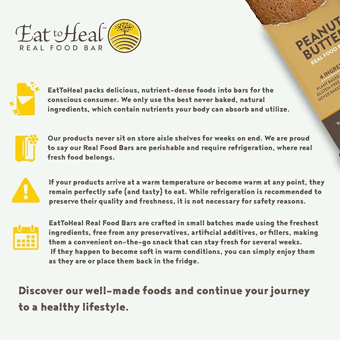 EatToHeal Peanut Butter Real Food Bar - Organic Vegan Healthy High Protein Bars - Low Sugar Meal Replacement, Non GMO, Never Baked, Plant Based, Gluten Free - Crafted to Enjoy, Not Sit on Shelves