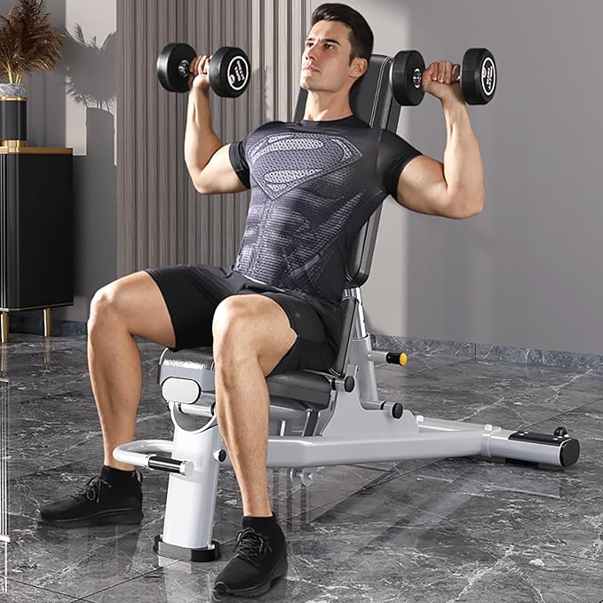 Adjustable Weight Bench - 2.5mm Thick Steel Frame, Silver & Black, 1400lb Capacity, 7 - Position Backrest, Wheels - Ideal Home Gym Workout Equipment