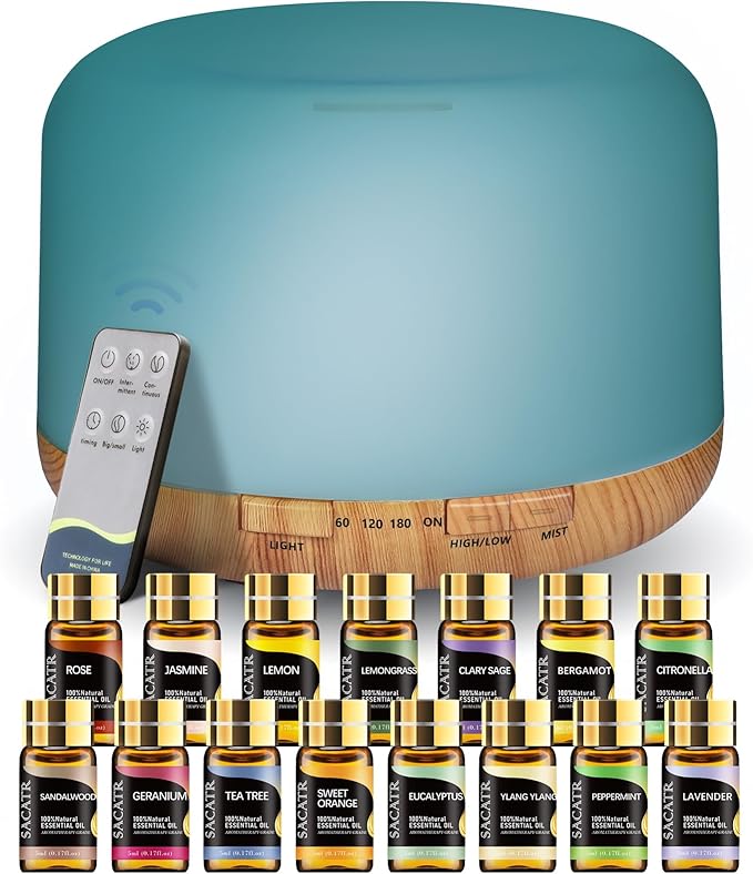 500ml Essential Oil Diffusers, Aromatherapy Diffuser with 2 Mist Mode 4 Timers&7 Ambient Light Waterless Auto Off for Diffusers Large Room Home Office(15x5mL)