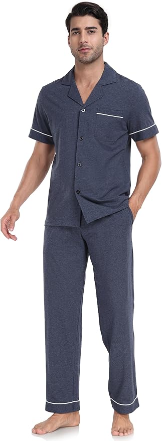 COLORFULLEAF Men's 100% Cotton Pajamas Set Button Down Sleepwear Short Sleeve and Long Pants Pjs