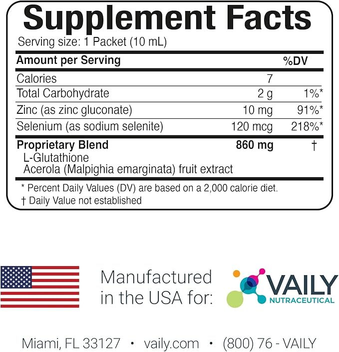 Vaily Immune Support Supplement for Adults - Liquid Glutathione Supplement 860 mg w/Acerola Vitamin C Zinc & Selenium - High Potency Antioxidant, Skin Health, Detox Every Day - 30 Single-dose Vials