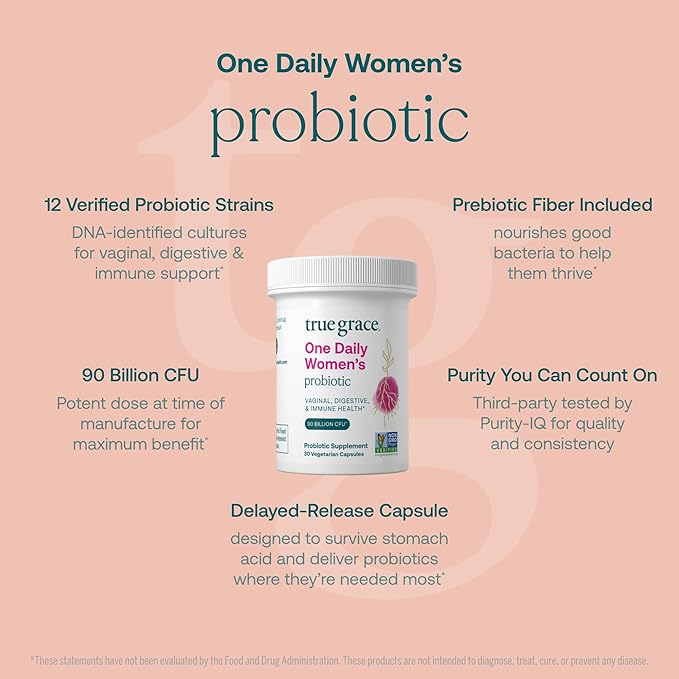 True Grace One Daily Women’s Probiotic - 30 Vegetarian Capsules - 90 Billion CFU - Digestive, Vaginal & Immune Health - Gluten & Soy Free