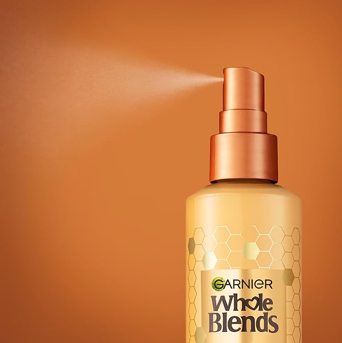 Garnier Whole Blends Honey Treasures Repairing Shampoo (22 Fl Oz), Conditioner (22 Fl Oz) + Hair Honey Milk 450F Heat Protectant Spray (2 Count) (8.5 Fl Oz) (4 Items), Bundle (Packaging May Vary)