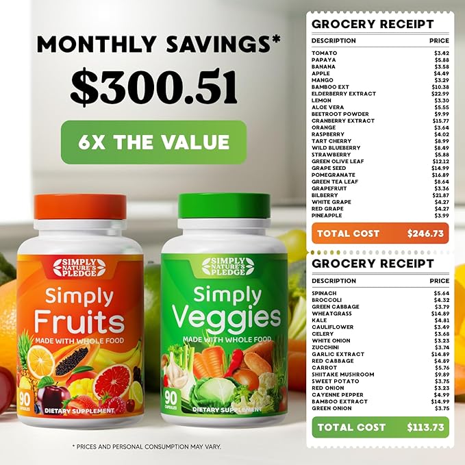 Simply Nature's Pledge - Packed with 42 Different Fruits & Vegetables - 3 Month Supply- Made with Whole Food Superfoods - with Aloe Vera – 100% Soy Free - 540 Capsules