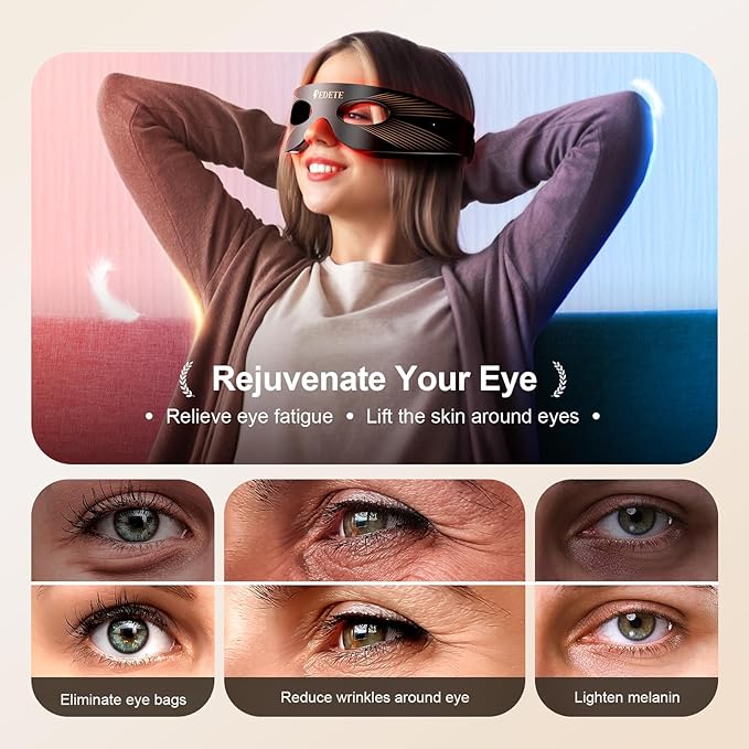 Red Light Therapy for Eyes, 3 Modes Under-Eye Red Light Eye Mask, Eye Massager for Fine Lines Eye Bags and Dark Circles for Men Women(Black)