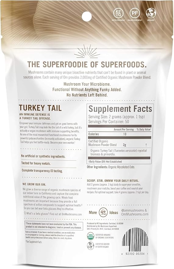 Om Mushroom Superfood Turkey Tail Organic Mushroom Powder, 3.5 Ounce, 50 Servings, Immune Support, Polysacchrides, Beta-Glucans, Gut Health & Holistic Defense Mushroom Supplement