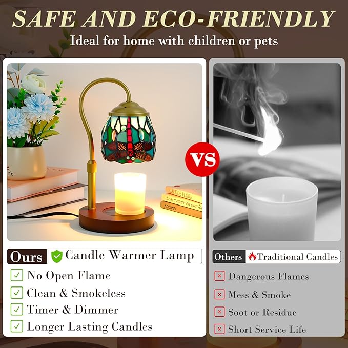 Candle Warmer Lamp Tiffany Style Dragonfly, with Timer Dimmer Adjustable Height, Stained Glass Candle Warmer Lamp with 2 Bulbs, Vintage Home Decor Gift, Wax Melt Warmer for Scented Jar Candles