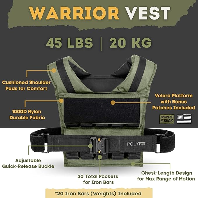 Polyfit (Warrior) Adjustable Weighted Vest - 25lb | 35lb | 45lb - Weight Vest with Adjustable Iron Weights for Men and Women for Workouts, Strength Training, Rucking