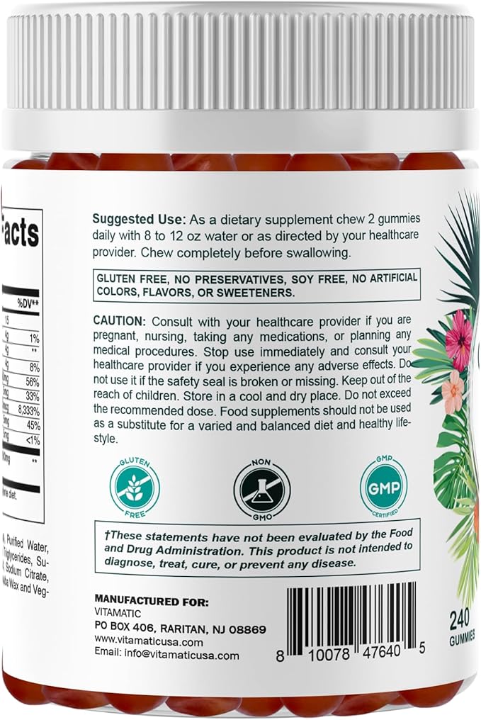 Vitamatic Hydrolyzed Collagen Gummies with Vitamin C, Zinc and Biotin, 200 mg - Healthy Skin Support - 240 Gummies