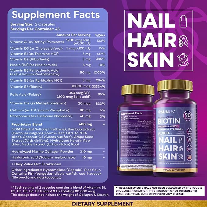 SUNUV Biotin 10000mcg with Collagen & Keratin - 80000mcg Hair Growth Vitamins for Women & Men,Skin & Nails Support - Hyaluronic Acid & Vitamins B1,B2,B3,B5,B6,B9,B12 -Made in USA-90 Capsules