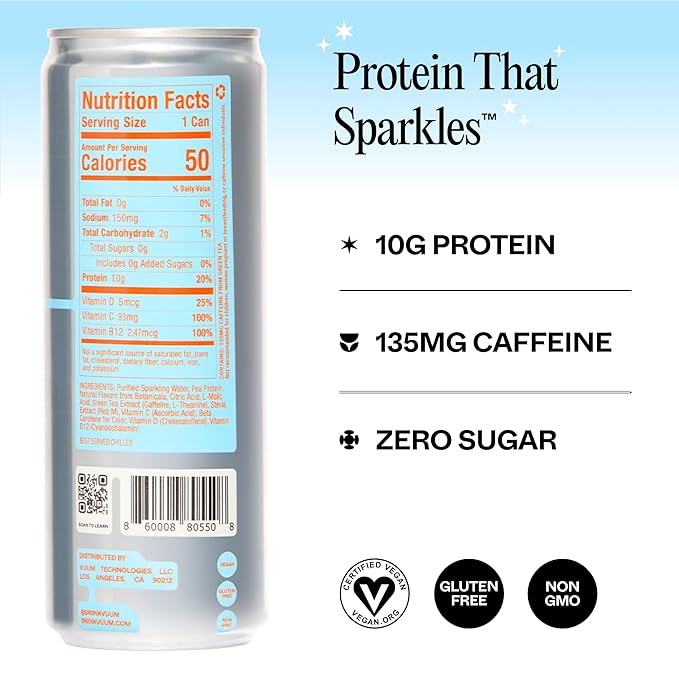 VUUM Sparkling Clear Protein Drink - 10g Plant Protein, Natural Pre Workout Energy Drink, Plant Based, Natural Caffeine, Sugar-Free Protein Drink - White Peach Ginger, 12 Fl Oz (12 Pack)