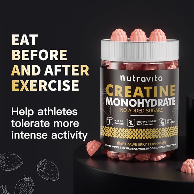 Nutravita Creatine Monohydrate Gummies for Men & Women-5g of Creatine Monohydrate per Serving - Sugar Free,Vegan, Strawberry Flavor, 120 Count