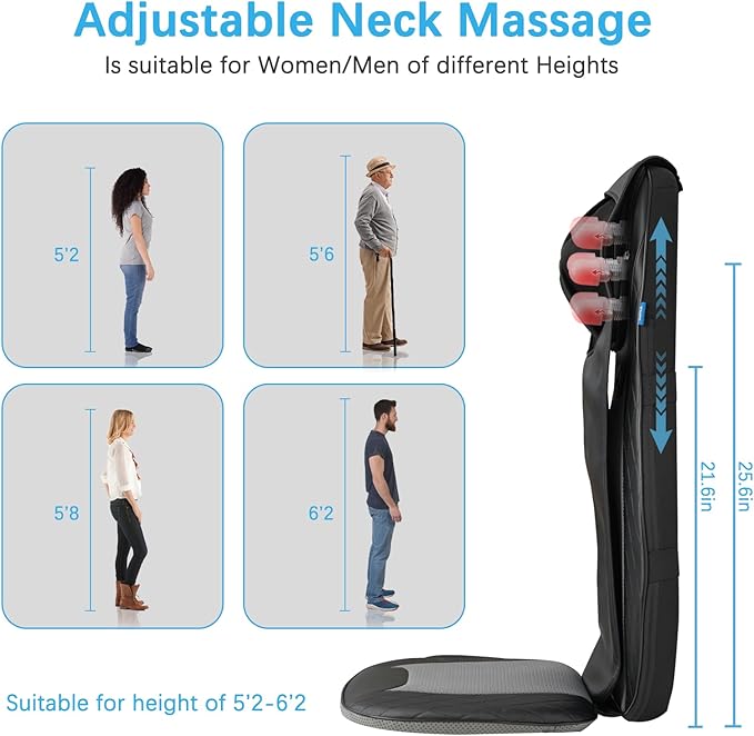 Shiatsu Neck & Back Massager with Heat, Massage Chair Pad Cushion for Stress Relief, Inflatable Flaps Back Support, Kneading or Rolling Chair Seat Massage,Ideal Gifts for Men,Women,Family