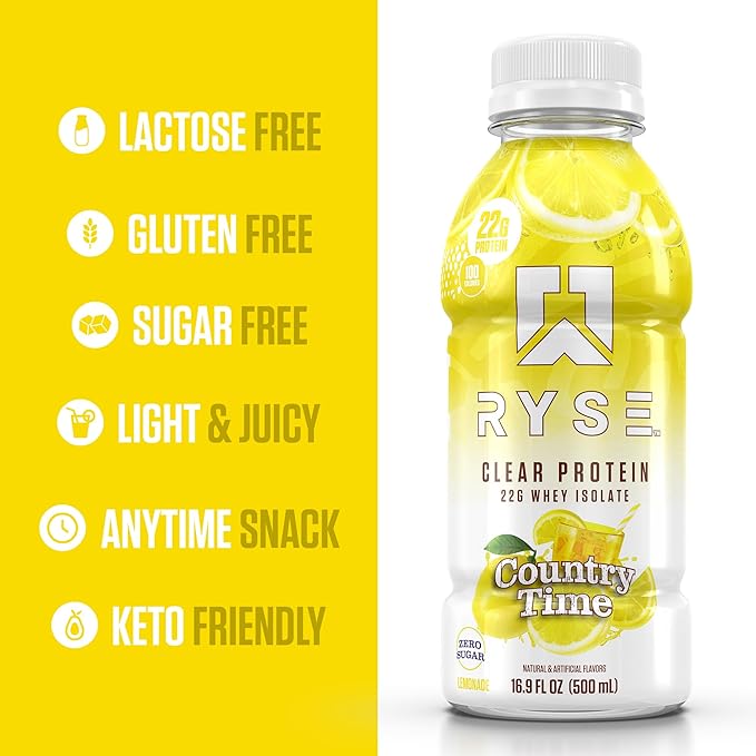 RYSE Clear Protein Shake - Country Time Lemonade - 100 Calories, 22g Whey Isolate Protein, Sugar-Free, 0g Fat & Lactose-Free - Refreshing Ready-to-Drink Beverage - 16.9 fl oz Bottles (12-Pack)
