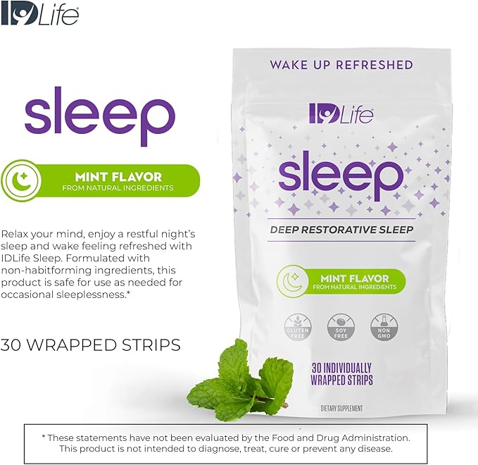 IDLife - Sleep Aid for Grown-Ups - Non-GMO - Non-Habit Forming - Gentle Blend with Melatonin, L-Theanine, and 5HTP - 30 Individually Wrapped Strips