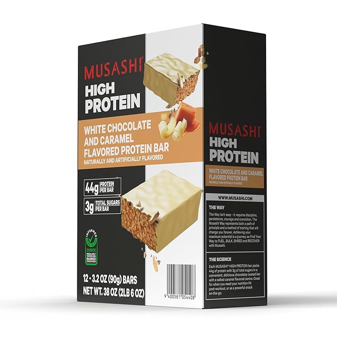 MUSASHI High Protein Bar, 45g Protein, 2g Total Sugars, White Chocolate Caramel, Post Workout and Protein Snack On The Go, 12 Pack of 3.2oz (90g) Bars