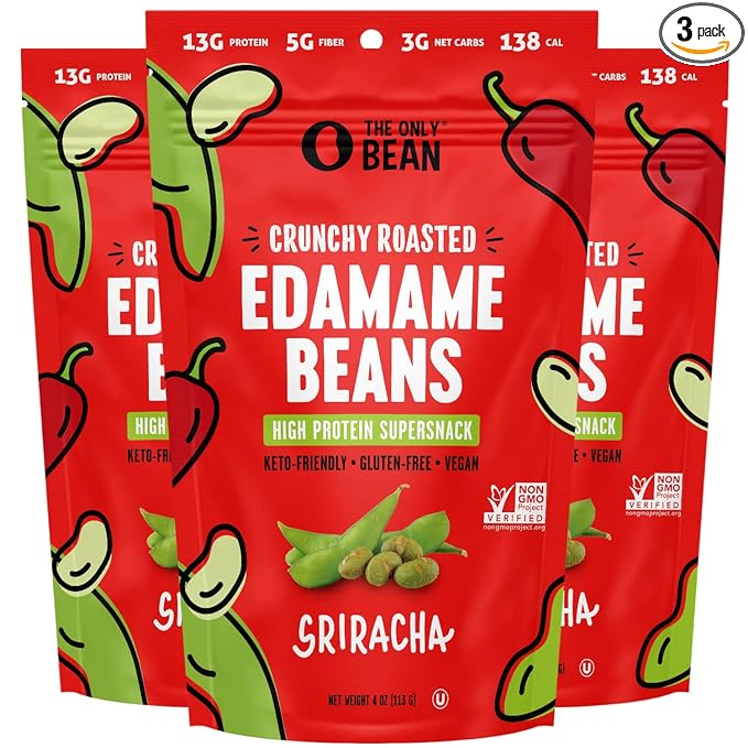 The Only Bean Crunchy Roasted Edamame Snack (Sriracha), High Protein Snacks (13g) Healthy Protein Chips, Keto Friendly Food (2g Net), Plant-Based Vegan Snacks, Office Snacks, Spicy Snack, 4oz (3 Pack)