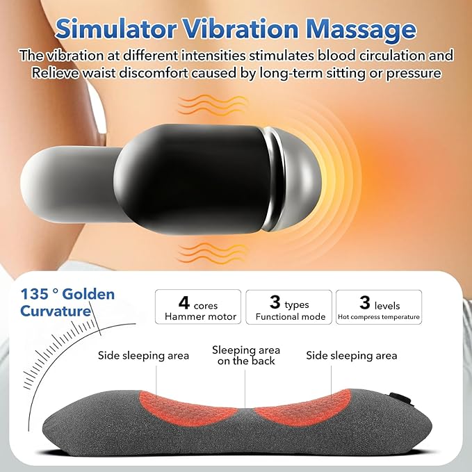 3-in-1 Multifunctional Battery-Powered Lumbar Pillow for beds and Chairs, Back Massager with Heating Massage and Stretching, deep Tissue Massager for Pain Relief