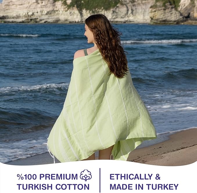 Turkish Beach Towels, Pack of 4 | Oversized, Quick Dry, Sand Free | 100% Cotton, Large 38x71 Towels for Beach, Pool, Travel | Ultra-Soft, Compact, and Absorbent | Pistachio Green