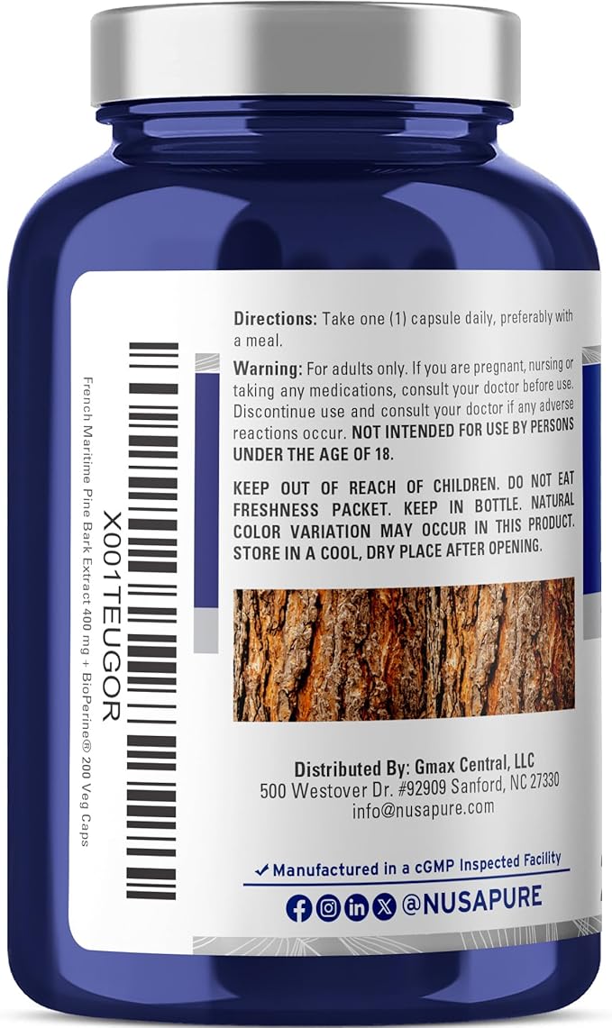 NusaPure French Maritime Pine Bark Extract 400mg per Veggie Caps 200-Day Supply Bioperine Non-GMO Vegan
