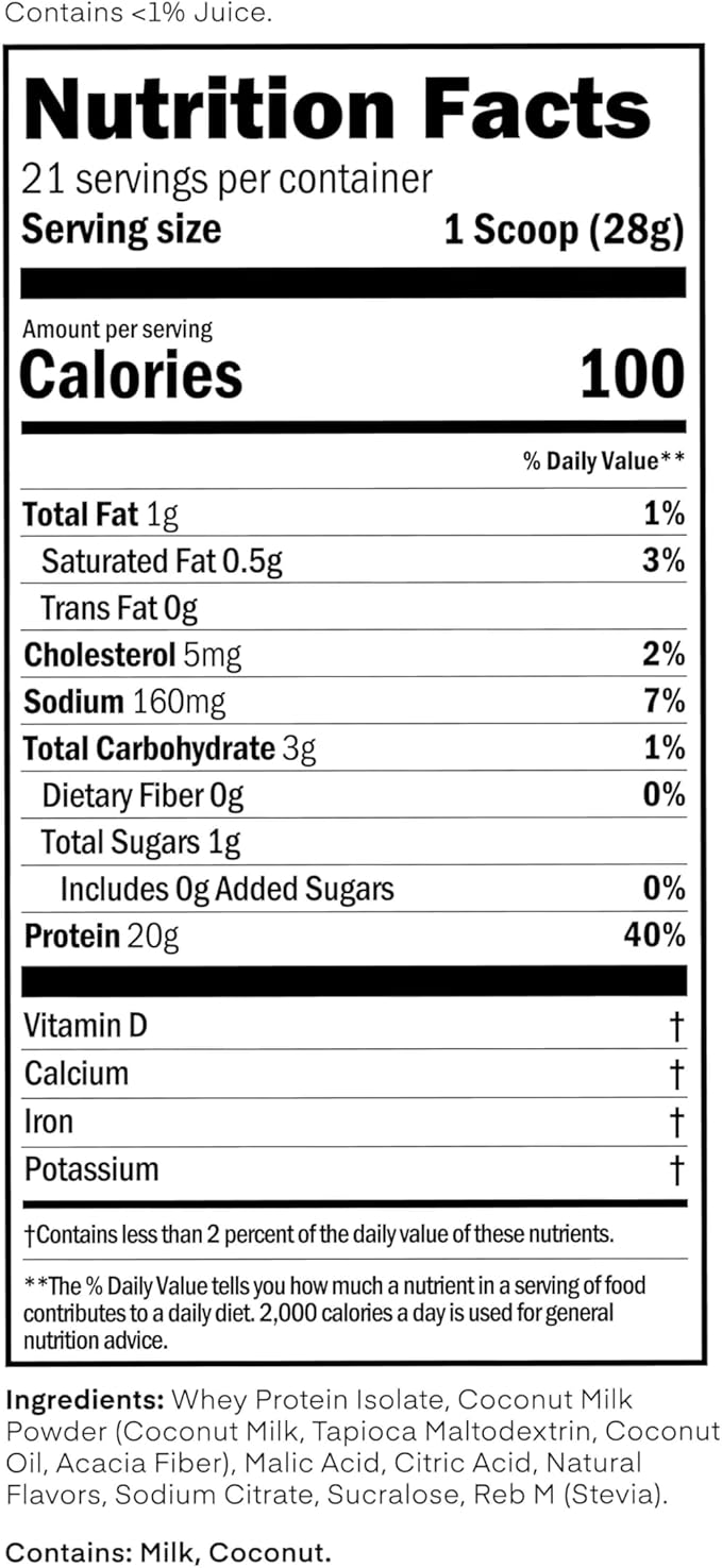 Clear Whey Isolate Protein Powder, Coconut Colada, 20g Complete Protein per Serving, No Added Sugar, Grass-Fed, 21 Servings