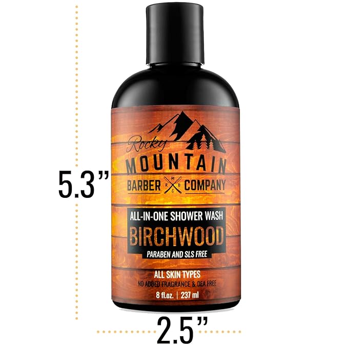 Rocky Mountain Barber Company Birchwood All-In-One Body Wash – Shampoo, Body Wash, Conditioner, Face Wash & Beard Wash with Essential Oils - 8 oz