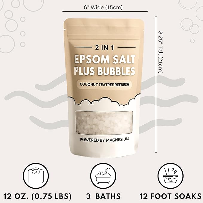 Epsom Salt Plus Bubbles – Coconut & Teatree Scented Foaming Bath Soak – Magnesium Sulfate for Muscle Recovery, Stress Relief & Relaxation – Great for Aromatherapy – 12 oz