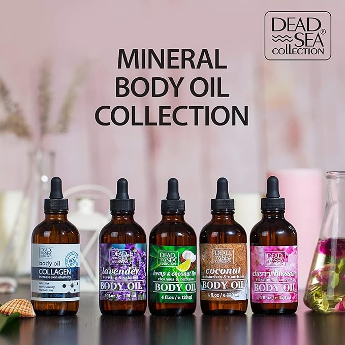 Dead Sea Collection Body Oil for Dry Skin - Collagen & Vitamin E - Moisturizing & Nourishing, Anti-Aging & Skin Elasticity Support for Face (4 Fl. Oz Each)