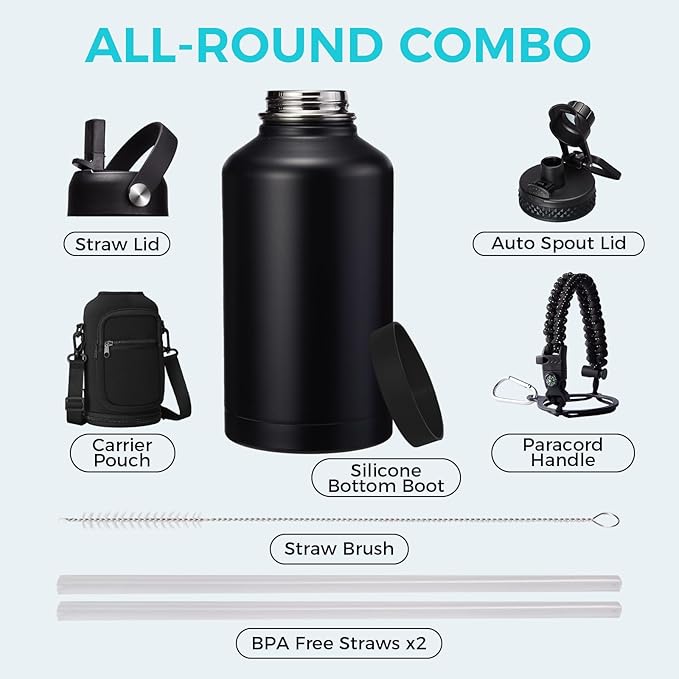 64 oz Insulated Water Bottle with Straw & Auto Spout Lids, Paracord Handle, Half Gallon Waterbottle Strap Carrier & Protective Boot, Wide Mouth Metal Canteen Thermo Mug, Leak-proof Sports Black Jug