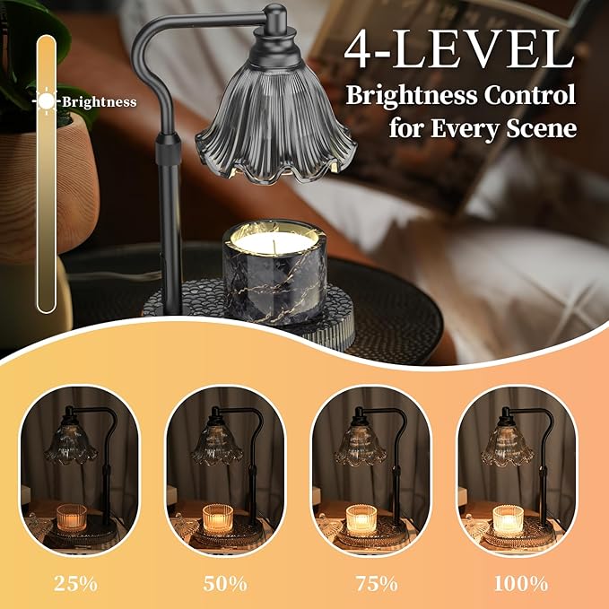 Candle Warmer Lamp with Adjustable Height - Flameless 4-Level Dimmable Wax Warmer, Timer Function & Stylish Design in Multiple Colors(Black)
