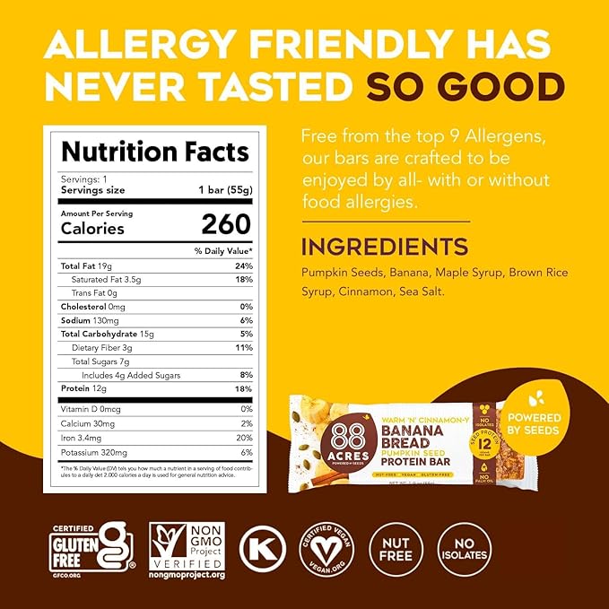 88 Acres Plant Based Seed Protein Bar | 9 Pack, Banana Bread | 12g of Plant Based Protein, Gluten Free, Nut Free, Non GMO, School Safe, No Palm Oil
