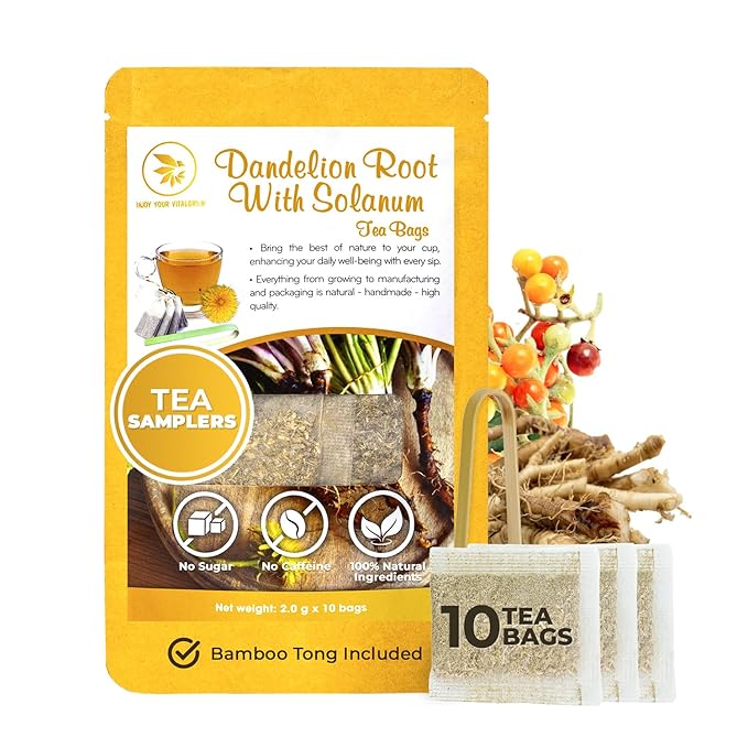 Dandelion Root Tea Samplers with Solanum Trilobatum - 10 Count, Bamboo Tong Included, Re-Steep Pure Herbal Tea Detox Blend for Strength Balance, Energy Support