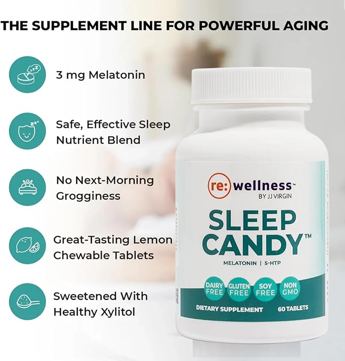 Reignite Wellness by JJ Virgin | Sleep Candy | Chewable 5-HTP Supplement with Inositol, Vitamin B6, Melatonin & L-Theanine for Adults | Lemon Flavor | 60 Tablets