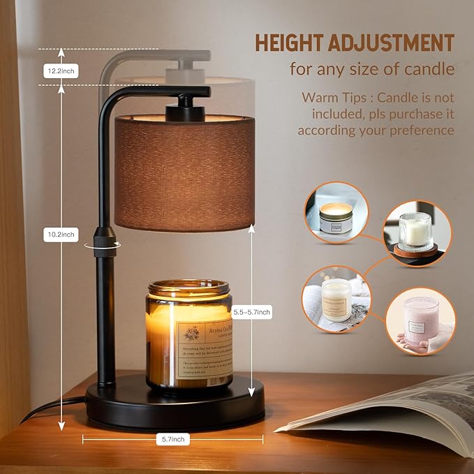 Candle Warmer Lamp with Timer, Dimmable Candle Wax Warmer with 2 Light Bulbs, Height Adjustable Electric Candle Light Scented Candles, Home Room Decor, Gifts for Women Mom