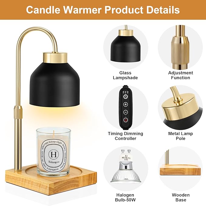 Candle Warmer Lamp, Adjustable Height Candle Lamp Warmer with Timer, Electric Dimmable Wax Melt Warmer for Jar Candles with 2 Bulbs, Gifts for Mom, Bedroom Home Decor Aesthetic (Black)