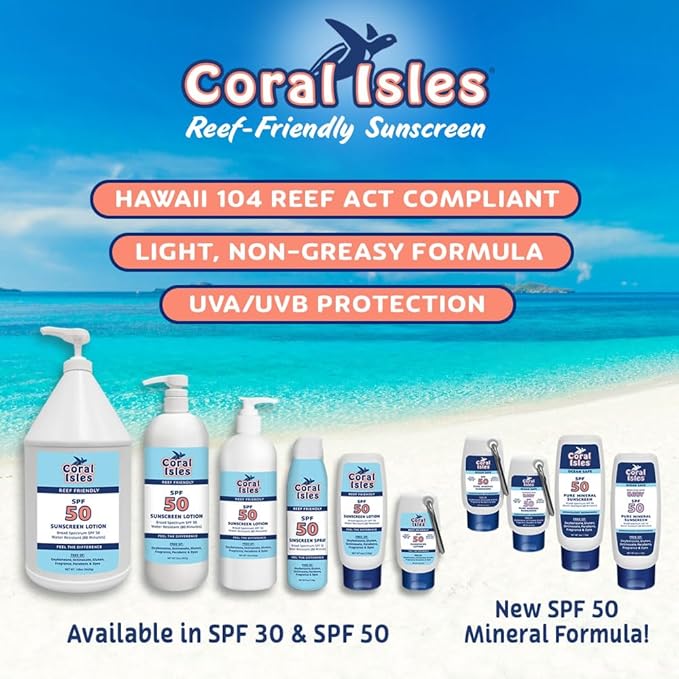 Coral Isles Sunscreen SPF 50 | Hawaii Compliant as Reef Safe | Octinoxate & Oxybenzone Free | Broad Spectrum UVA/UVB Protection | Water Resistant 80 Min. | Fragrance Free | 16 Fl Oz (Pack of 1))
