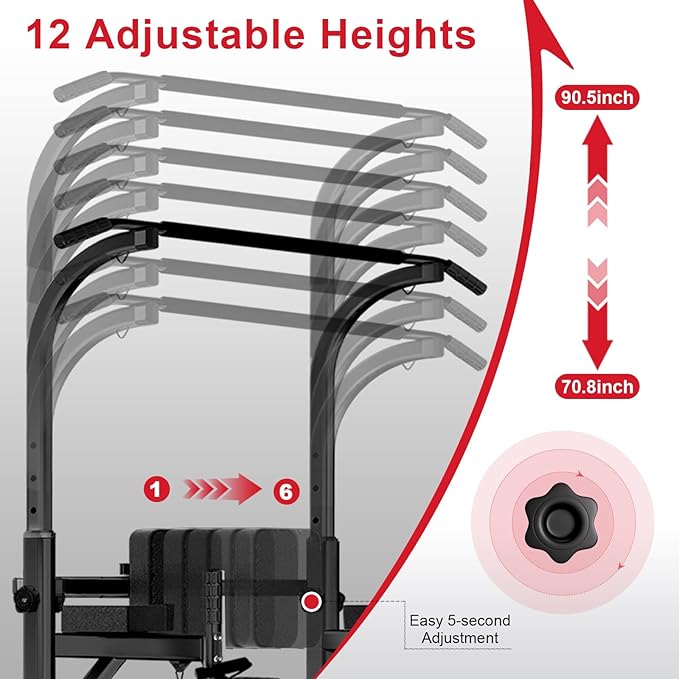 Power Tower Pull Up Bar Dip Station for Home Gym, Adjustable Height Strength Training Equipment with Resistance Bands and Grip Rope