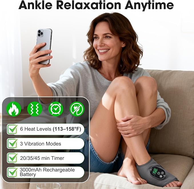 DeMoce Cordless Ankle Massager for Pain Relief, Ankle Heating Pad with Massage, Foot Massage with Heating, Foot Heel Pain Relief, Adjustable Timer, 6 Heat Levels, 3 Vibration Modes