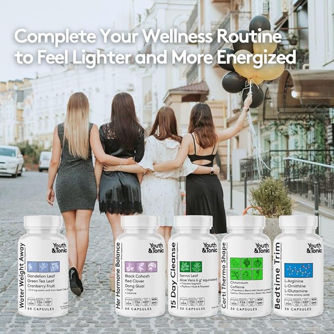 Youth & Tonic Natural Water Weight Away – Herbal Diuretic Pills for Bloating, Water Retention & Swelling Support for Women & Men – 60 Caps with Dandelion, Potassium, Green Tea & Apple Cider Vinegar