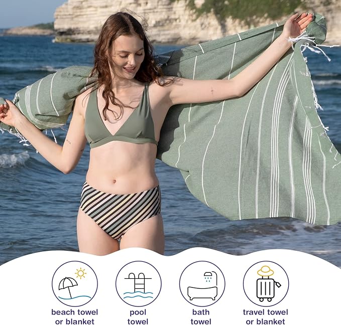 Turkish Beach Towels, Bulk Case of 24 | Oversized, Quick Dry, Sand Free | 100% Cotton, Large 38x71 Towels for Beach, Pool, Travel | Ultra-Soft, Compact, Absorbent | Light Green
