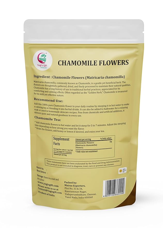 Chamomile Flowers 1 LB, 100% Natural Loose Leaf Chamomile Tea, Whole Dried Flowers for Herbal Tea, 1 LB Bulk Pack, Resealable Bag for Freshness - By Yogiโs Giftยฎ