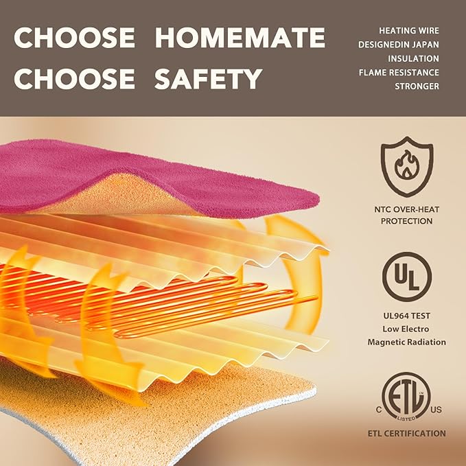 Homemate Electric Heated Blanket Twin Size - 62"x84" Heating Blanket Twin Size 1/2/4/6/8 Hours Auto-Off 10 Heat Level Over-Heat Protection Flannel Sherpa ETL Certification