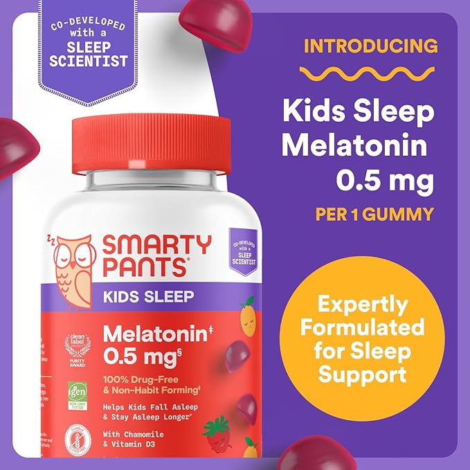SmartyPants Kids Sleep Gummies Supplement with Melatonin 0.5mg: Chamomile & Vitamin D3, Sleep Aid, Strawberry Mango Flavor, 60 Count