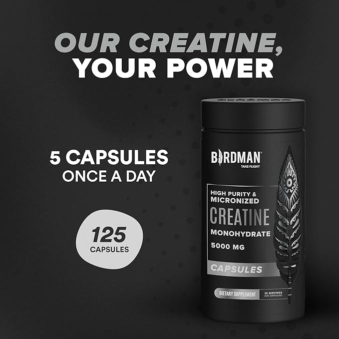 BIRDMAN Micronized Creatine Monohydrate Capsules for Muscle Growth & Recovery, Pre & Post Workout, Vegan Creatine, Caffeine Free, Gluten Free, Sugar Free | 25 Servings | 125 Capsules