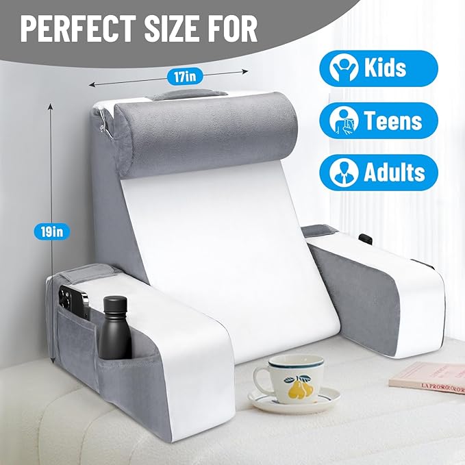 Reading Pillow for Sitting in Bed Adult, Back Pillow for Bed Sitting Up, Full Support for Comfort Solid Foam Chair with Arms Rest and Head Rest Pillow for Watching TV/Reading -19in (Grey & White)