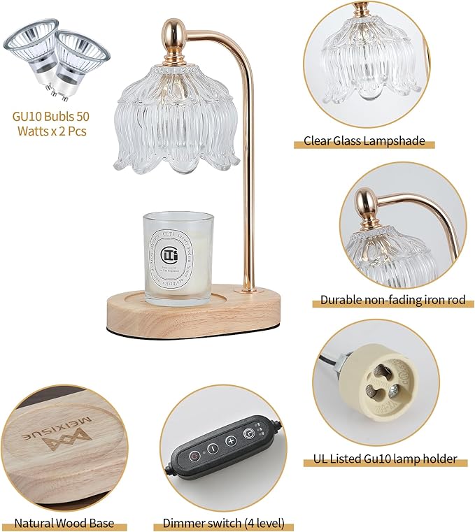 Candle Warmer Lamp with Timer and Dimmer,Electric Gold Light Gifts for Women Melt Wax Warmer Lamp with 2 Bulbs for Candle Jars House Warming New Home Decor Bedroom