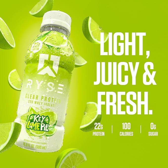 RYSE Clear Protein Shake - Key Lime Pie - 100 Calories, 22g Whey Isolate Protein, Sugar-Free, 0g Fat & Lactose-Free - Refreshing Ready-to-Drink Beverage - 16.9 fl oz Bottles (12-Pack)