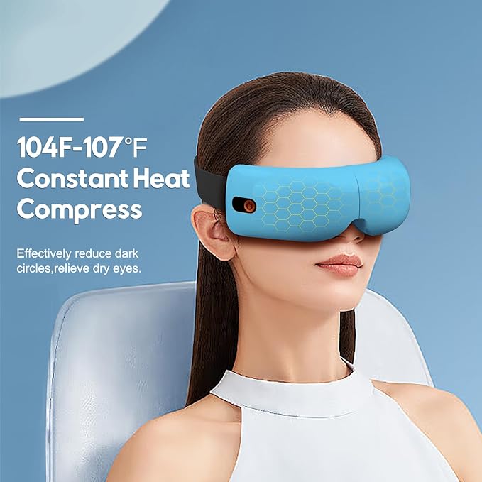 Eye Massager with Heat and Air Compression, Gift for Mon, Eye and Temple Massage Therapy with Vibration and Music for Migraines, Eye Fatigue Relief, Dry Eyes Strain, Blue